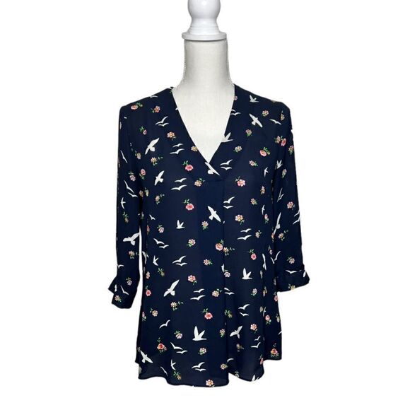 LEX & MADISON Navy Blue Print Long Sleeve Blouse. Size Small - Picture 1 of 6